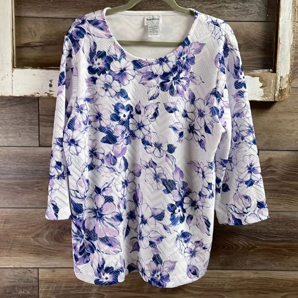 BonWorth Womens Floral Purple and White Blouse, Size Large